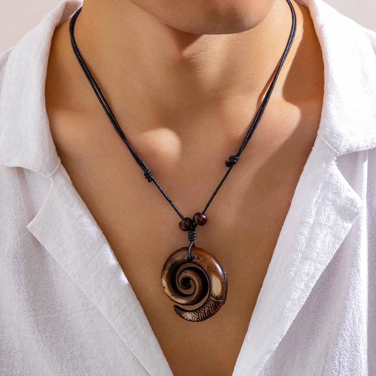 KunJoe Ethnic Metal Spiral Pendant Necklace for Men Retro Wood Beads Wax Thread Adjustable Long Rope Necklace Party Gift