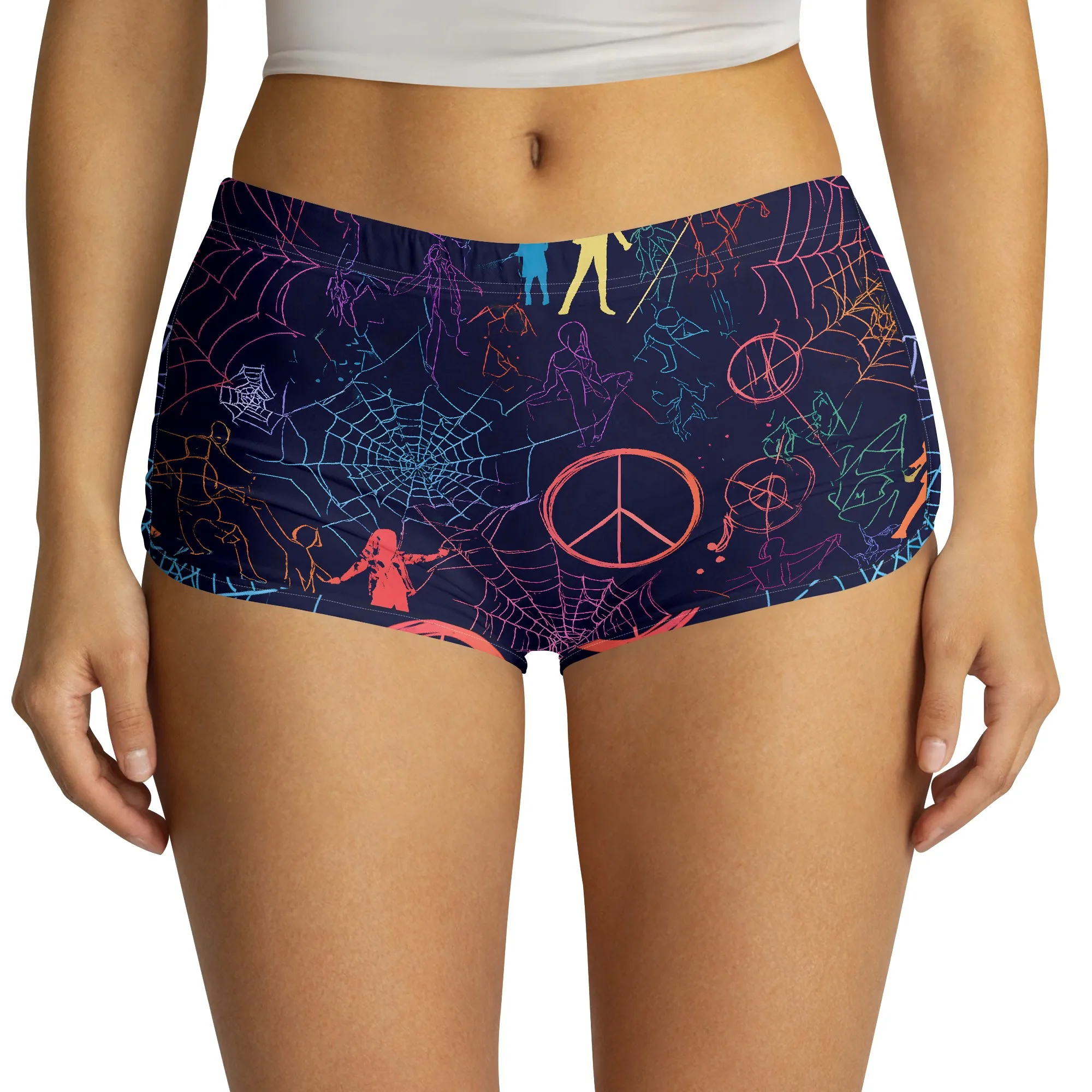 Neon Print Shorts, Spiderweb Peace Sign Graphic, Retro Vibes Yoga Gym Wear, S-2XL