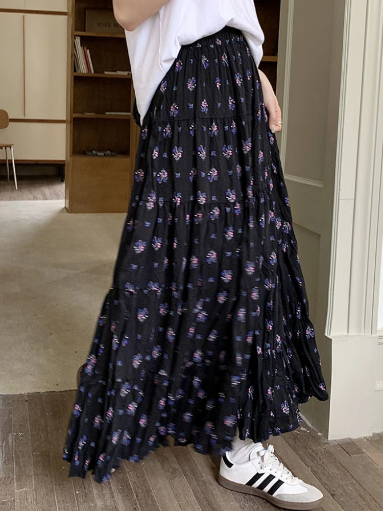 Wrinkled Black Pleated Skirt Women Floral Skirt Spring Summer Korean Style High Waisted A-Line Long Skirts Midi falda plisada