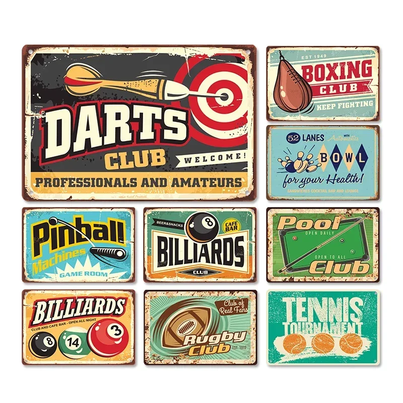 1pc Retro Sports Pop Metal Sign Print Billiards Bowling Boxing Darts Pinball Rugby Tennis Plate Games Room Wall Decor 8x12lnch