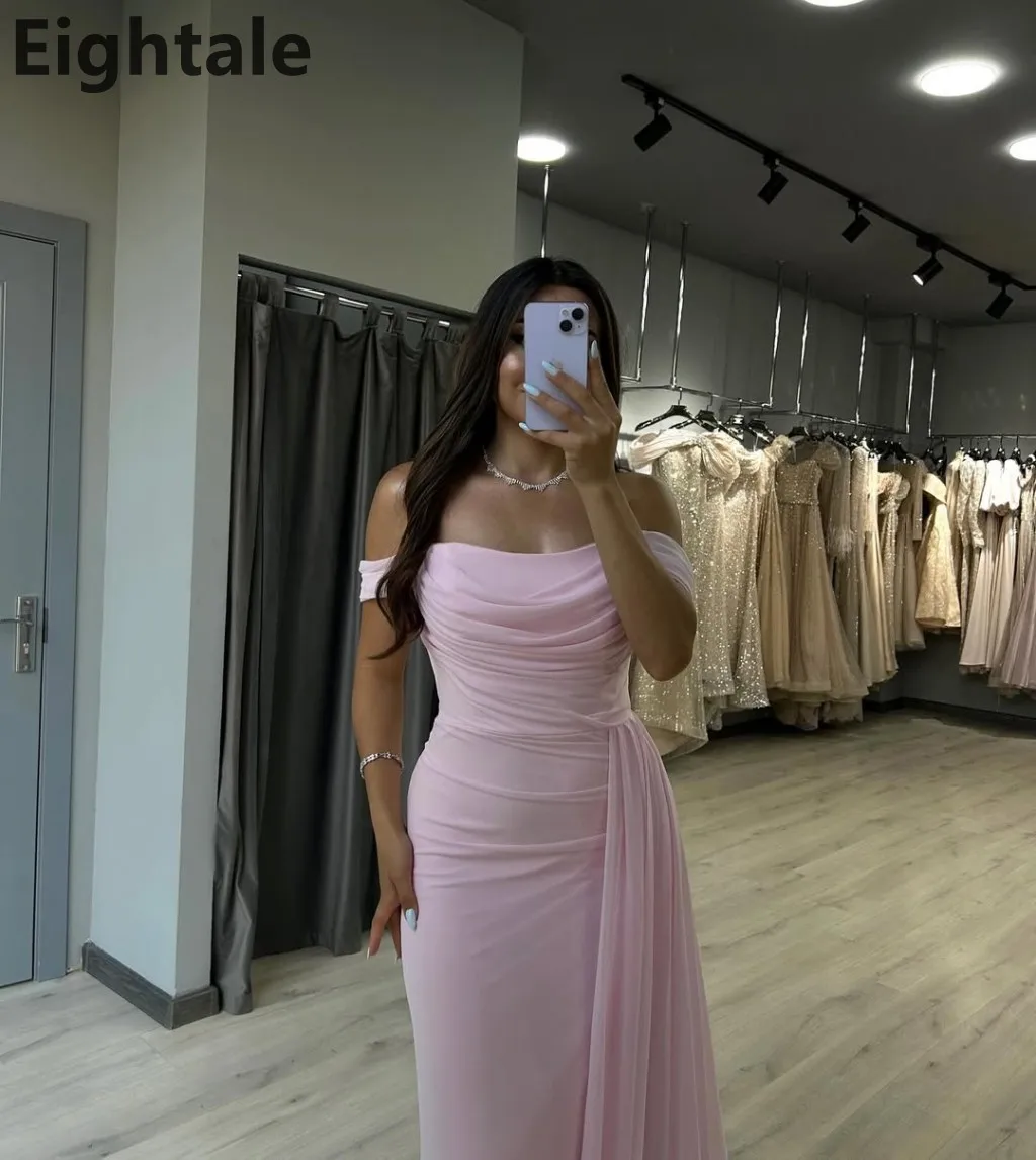 Robe de soirée sirène rose personnalisée, en mousseline de soie, épaules dénudées, plissée, robe de bal arabe ajustée, 2025