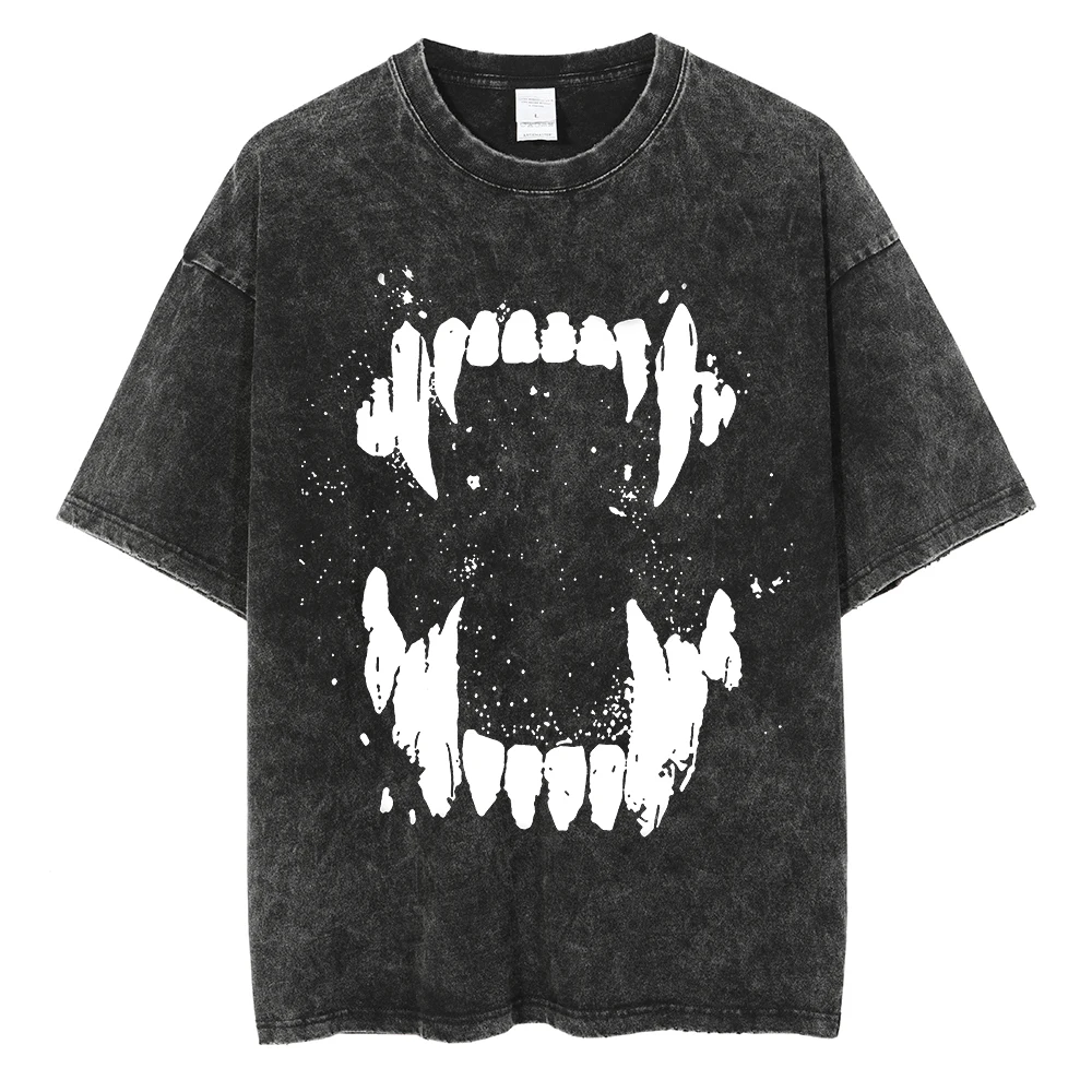 

Oversize Vintage Washed T Shirt Women Men Streetwear Huge Tusks Printed Tshirt Cotton Harajuku Unisex Tops High Quality T-shirt