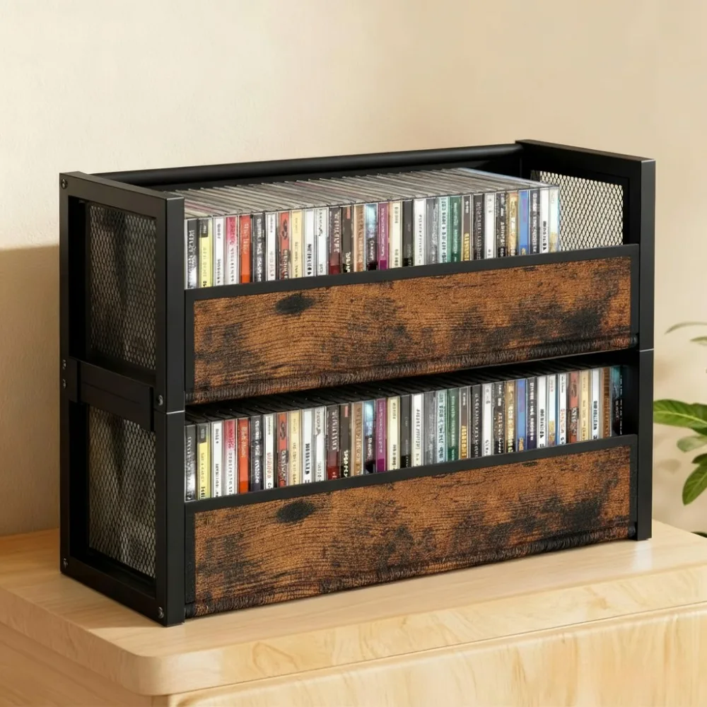 

Vintage Fabric Wood Grain CD Storage Case - Holds 40 CDs, Magnetic Closure, Stackable Organizer for Home Display