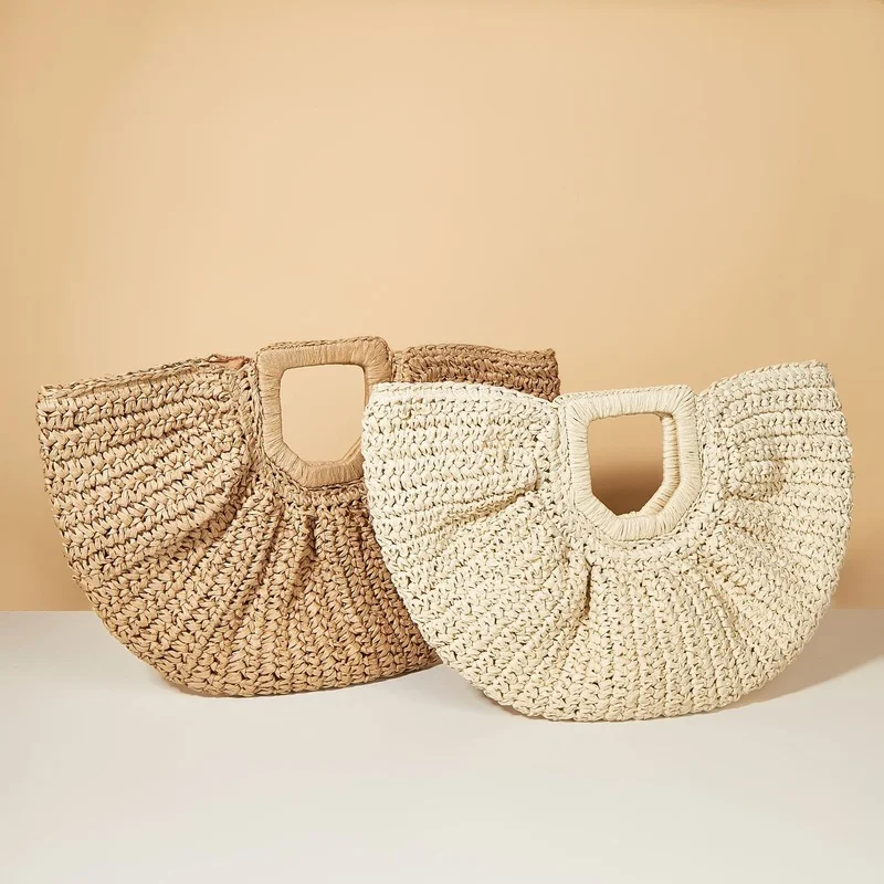 

2023 Summer Bohemian Half Moon Straw Bag Large Capacity Handmade Paper Rope Rattan Beach Bag Seaside Vacation Travel Handbag