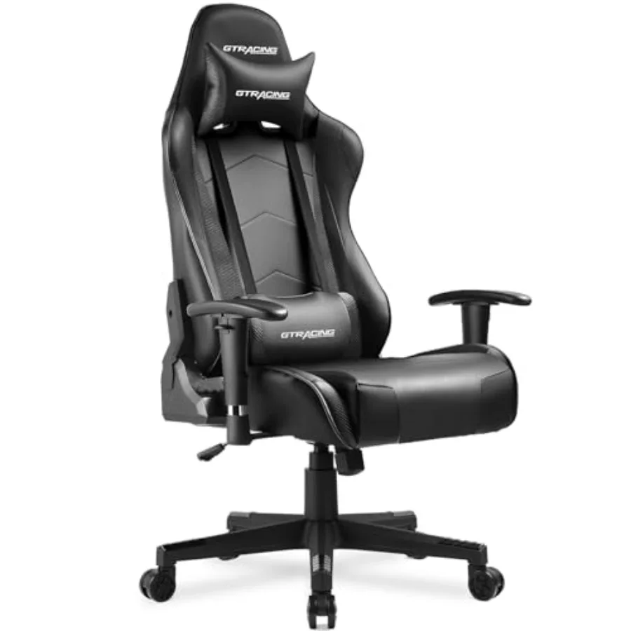 Cadeira de jogos para eSports, ideal para uso em escritório, revestimento em couro sintético (PU), cor preta, design ergonómico com encosto ajustável, altura do assento ajustável, base giratória e função de reclinação.