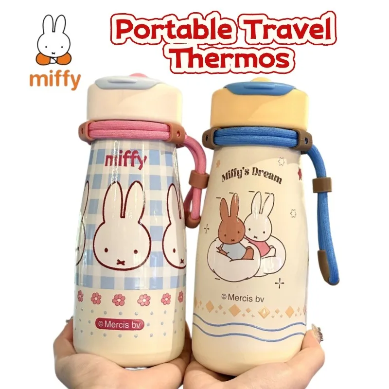 

New Miffy high color value cartoon 650Ml large capacity thermos cup portable with lifting rope student straw double drinking cup