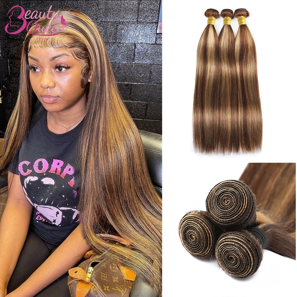 Bundles de tissage de cheveux humains raides, balayage ombré, blond, brun, cheveux bruts brésiliens, 1/3 faisceaux, richesse, 30 po, 100% cheveux humains