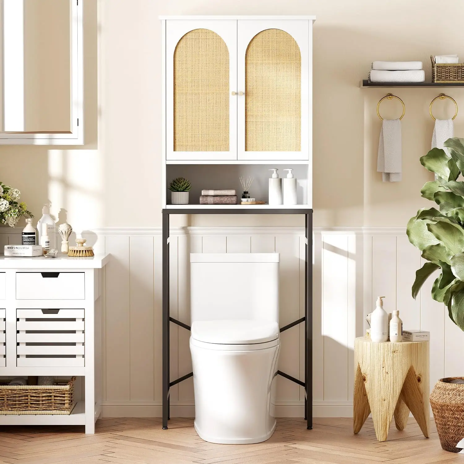 

Rattan Over The Toilet Storage Cabinet, Bathroom Organizers and Storage Over Toilet with Rattan Door and Metal Stand, Tall Stora
