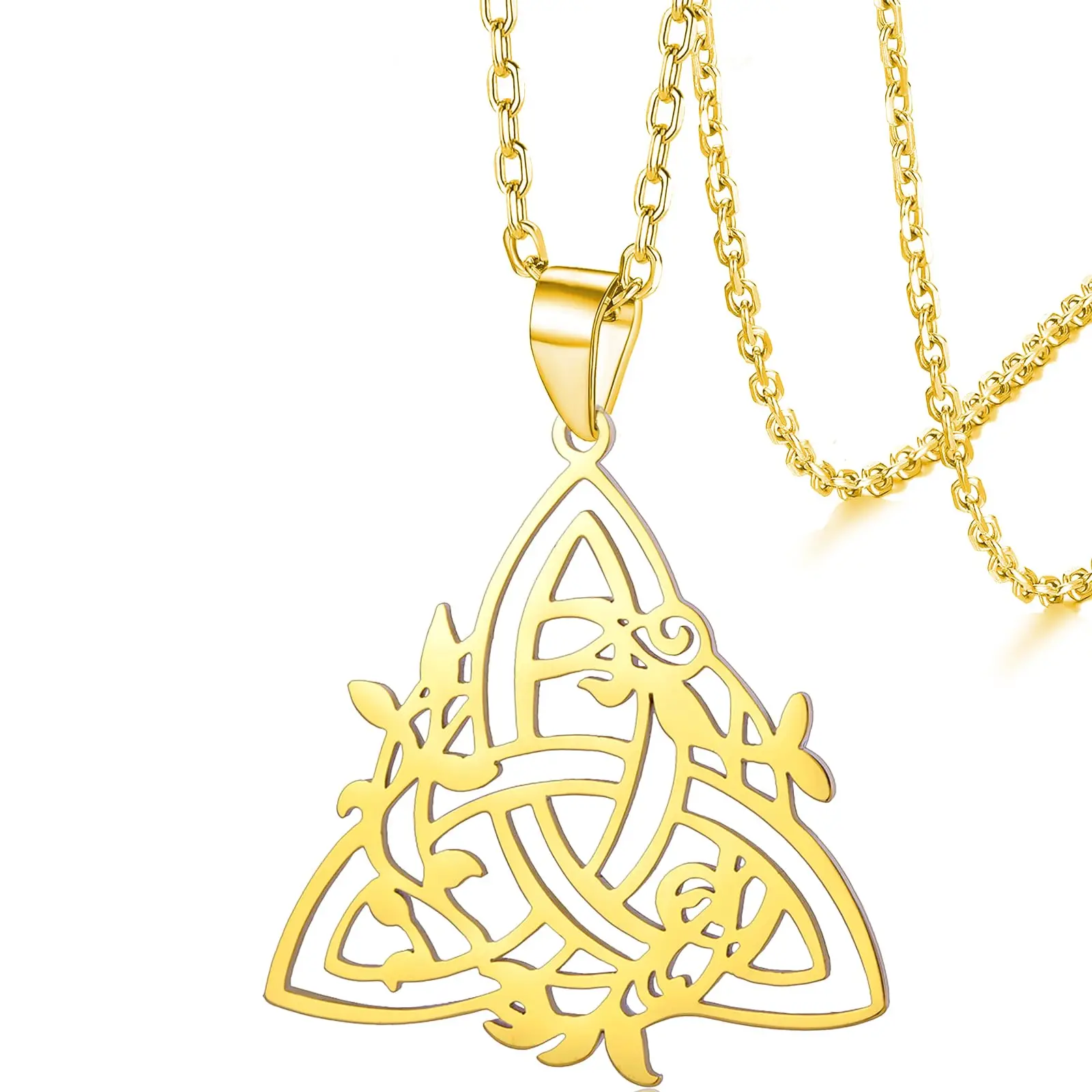 VASSAGO Stainless Steel Celtic Knot Necklace Irish Trinity Knot Pendant Triangle Pendant with Vine Leaf Necklace Amulet Jewelry