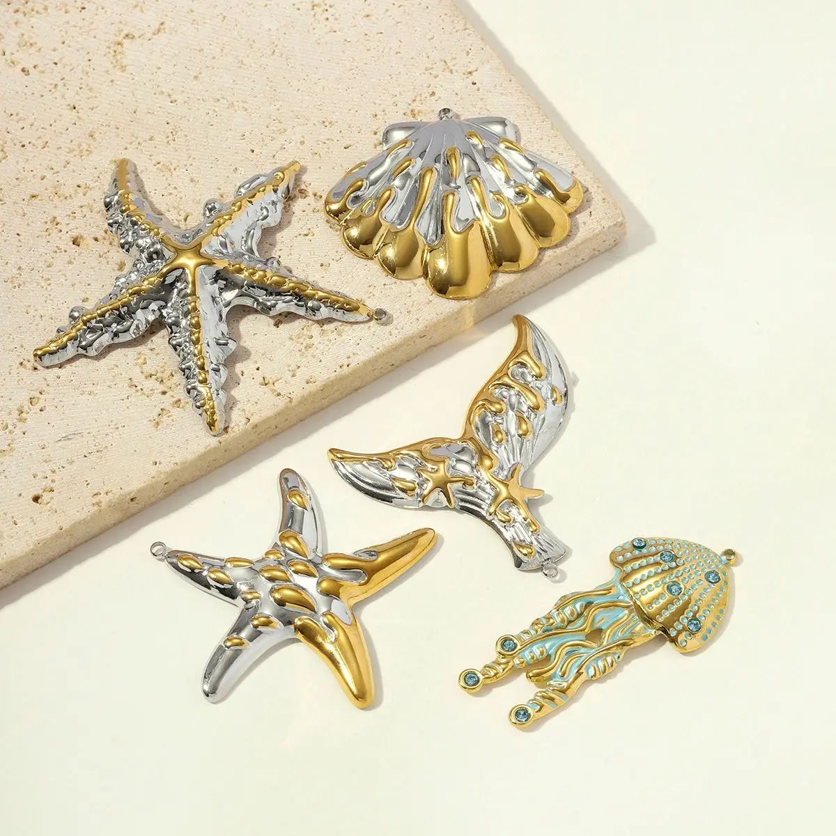 

3Pcs/Lot Stainless Steel Big Size Shell Fish Tail Charms Two Tones Starfish Pendants For DIY Making Fashion Jewelry Accessories