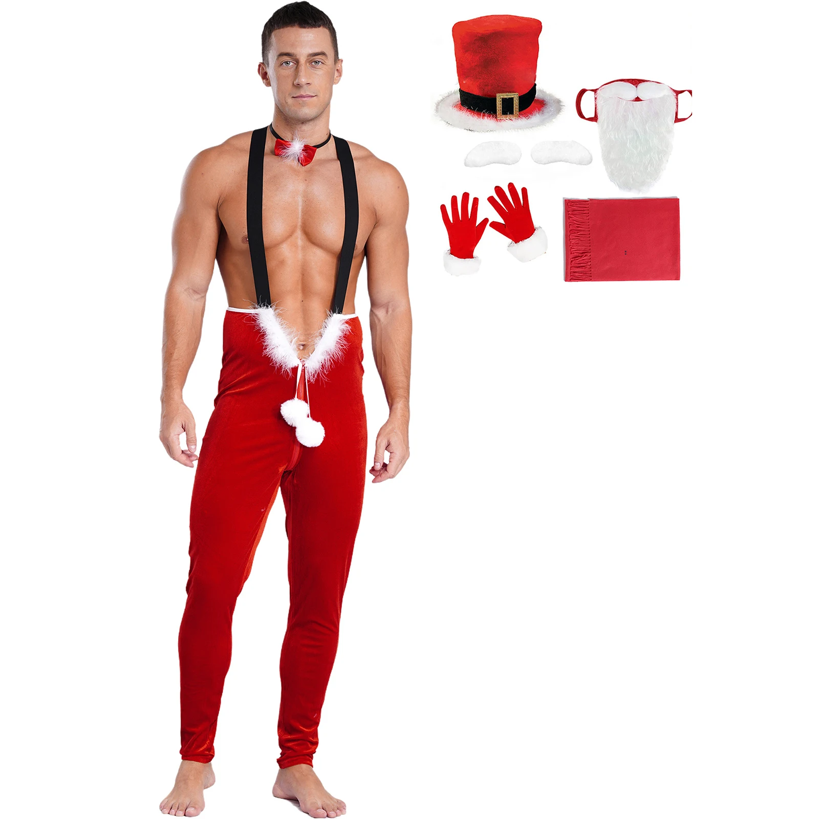 Mens New Year Christmas Outfits Cosplay Party Performance Costume Jumpsuit With A Bowknot Neckband Hat Beard Gloves Scarf Set