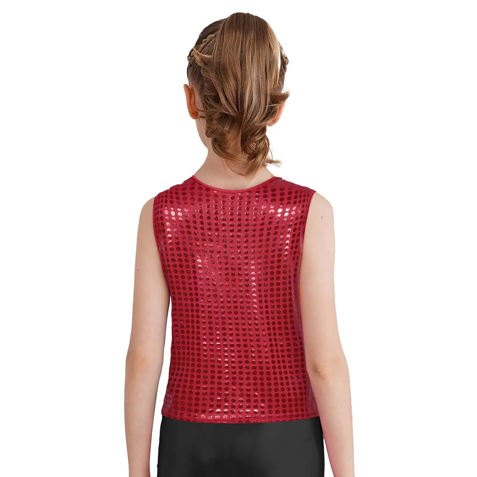 ガールズボーイズメタリックドットジャズダンスベストラウンドネックノースリーブタンクトップチアリーディングステージパフォーマンスコスチュームジャズダンスウェア