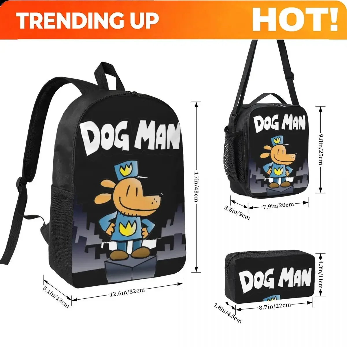 Custom Bag 3Pcs Dog Man Comic School Bags Set For Children Doggy Cartoon Pen Bags Backpack Sets With Lunch Box For School Studen