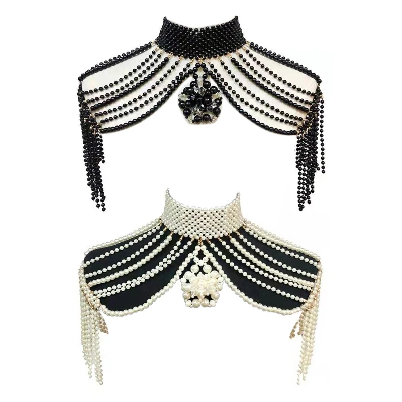 

Women Woven Imitation Pearl Beads Necklace High Collar Body Jewelry Bib Pendant Shoulder Chain Wedding Party Shawl Wrap K3KF