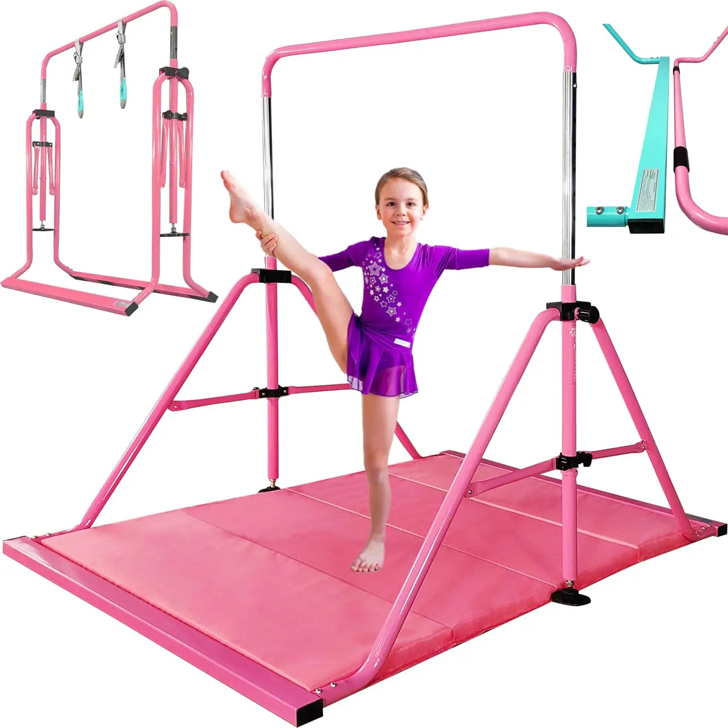 

Updated Folding Gymnastics Bar with Rings, Kip Bar with Sturdier Base, Training Bar for Kids Ages 3-10, Gyma