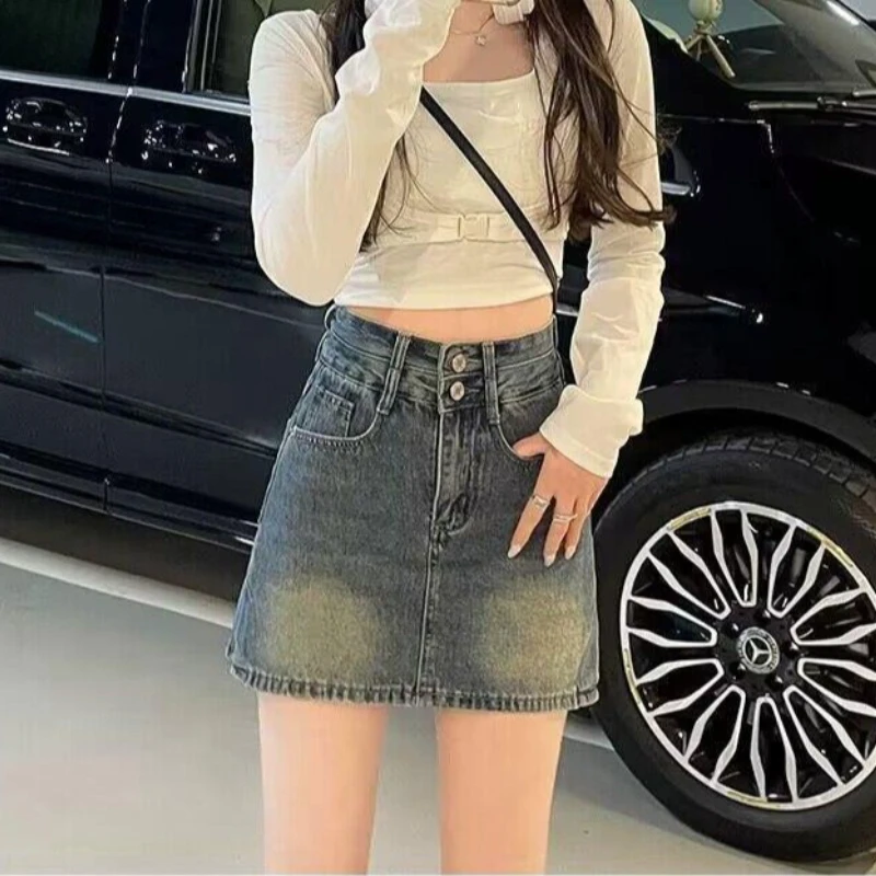 

Винтажная джинсовая мини-юбка женская летняя 2026 года, новинка, с защитой от просвечивания, в стиле Ins, Dopamine, А-силуэт, облегающая