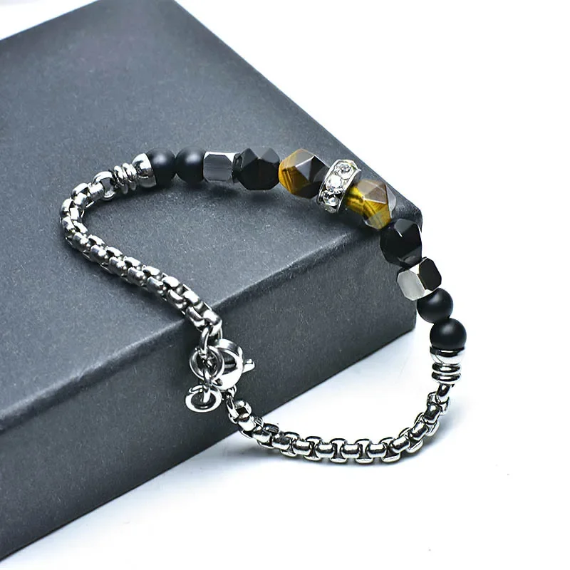 Adjustable Natural Tiger Eye Stone Bead Bracelet Men Stainless Steel Bracelet for Men Gift for Him Pulseira Masculina