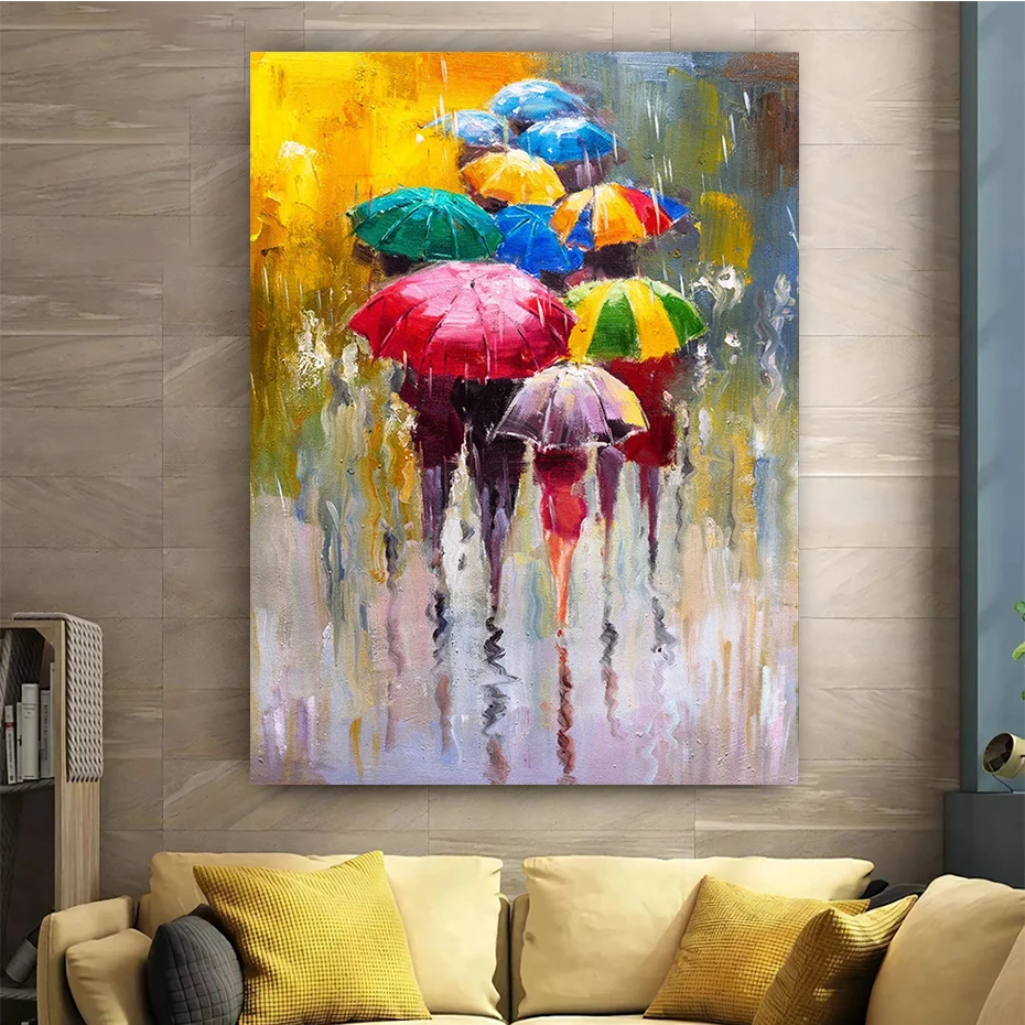 Colorful Umbrella Canvas Painting Crowds Women in Rain Graffiti Street Art Posters and Prints Abstract Living Room Home Decor