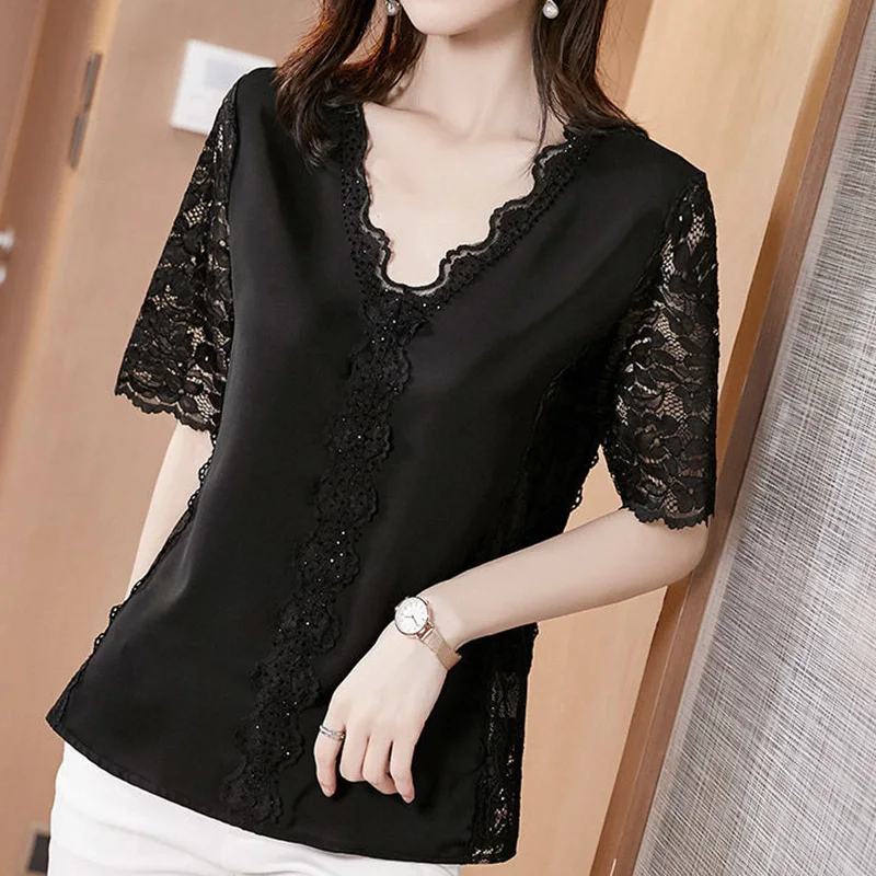 Elegant Fashion Casual Solid Color Lace Patchwork Chiffon Shirt Summer 2023 New V-Neck Short Sleeve Loose Blouse Female Clothing