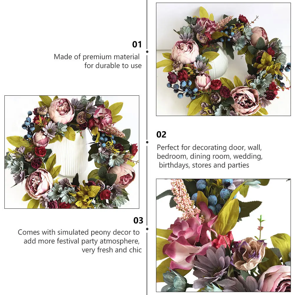 

1Pcs Simulation Peony Flower Wreath Artificial Door Hanging Garland for Home Wedding Decoration Festive Indoor Outdoor Party