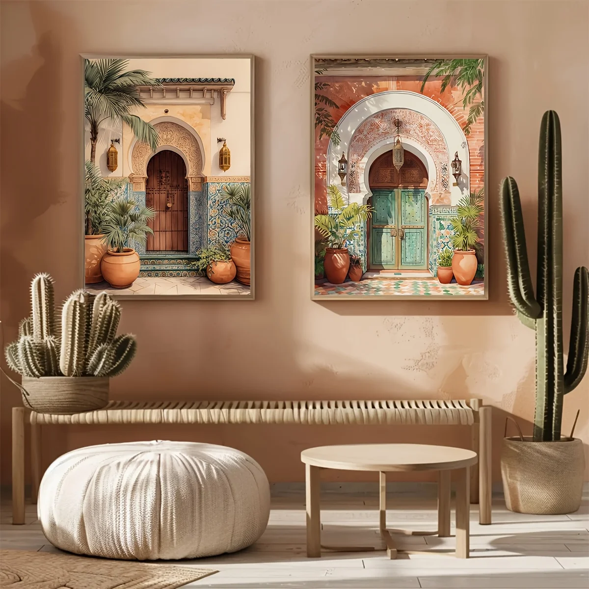 2 Piezas de Arte Mural Marroquí, Impresión Boho Neutral, Decoración de Cactus Terracota, Póster de Cesta Bereber, Arte Minimalista para Dormitorio y Decoración del Hogar