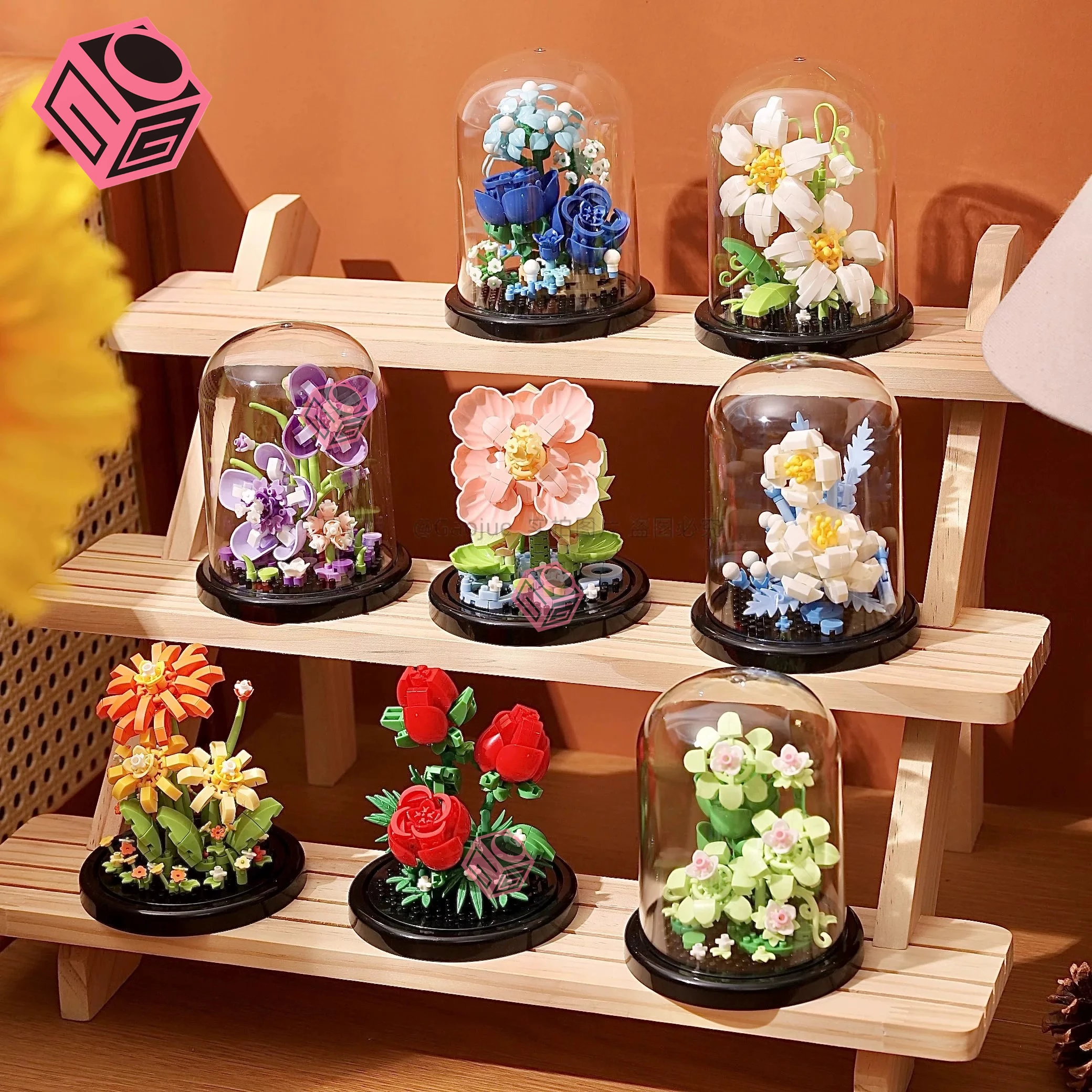 Flower Bonsai Building Blocks Rose Insect Sunflower Succulents Bouquet Dust Cover Bricks DIY Potted Plants Model Kit Toy For Kid