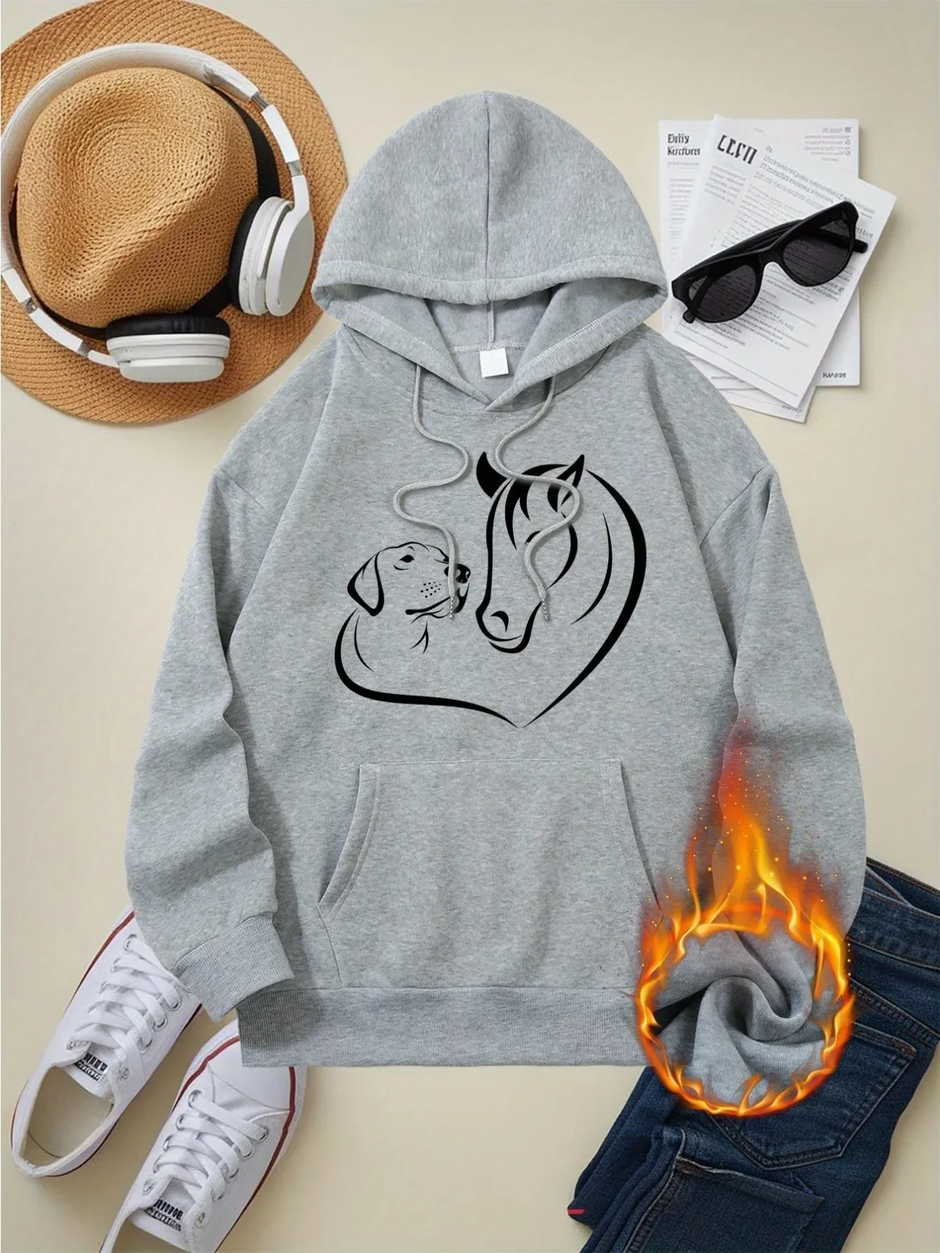 ผู้หญิงลําลองHoodieสุนัขม้าหัวใจพิมพ์Breathable Pulloverพร้อมกระเป๋าความคิดสร้างสรรค์สไตล์แขนยาวNovelty New In