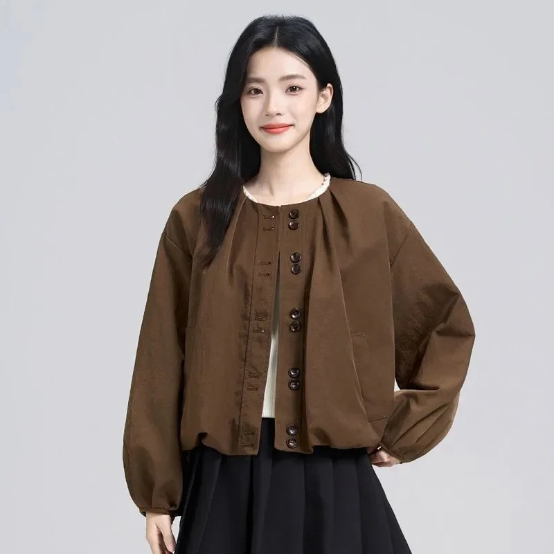 

Women Coat Fashion Short Single-breasted Coat Women's Spring and Autumn Dress Design Sense Loose Round Neck Jacket Cardigan top