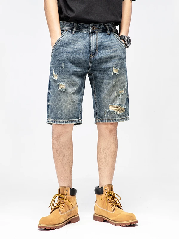 

Retro American Casual Men's Jeans orts Versatile Worn-In Distred Trendy High Street Loose Straight Cut mid Waist Jeans