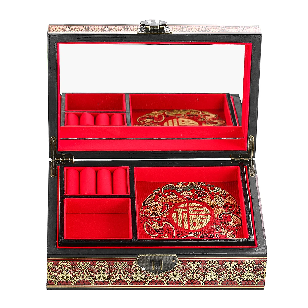Chinese Magpie Jewelry Box Wooden Double Layer Jewelry Storage Handmade Painted Antique Makeup Case with Mirror Wedding Gift