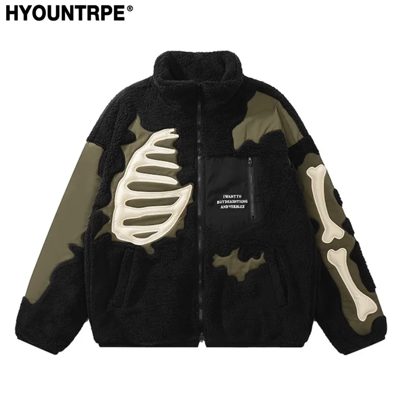 Mens Casual Skulls Patchwork Fleece Jackets Coats New Hairy Stand Collar Zipper Loose Hoodies Outerwears Warm Streetwear Parkas