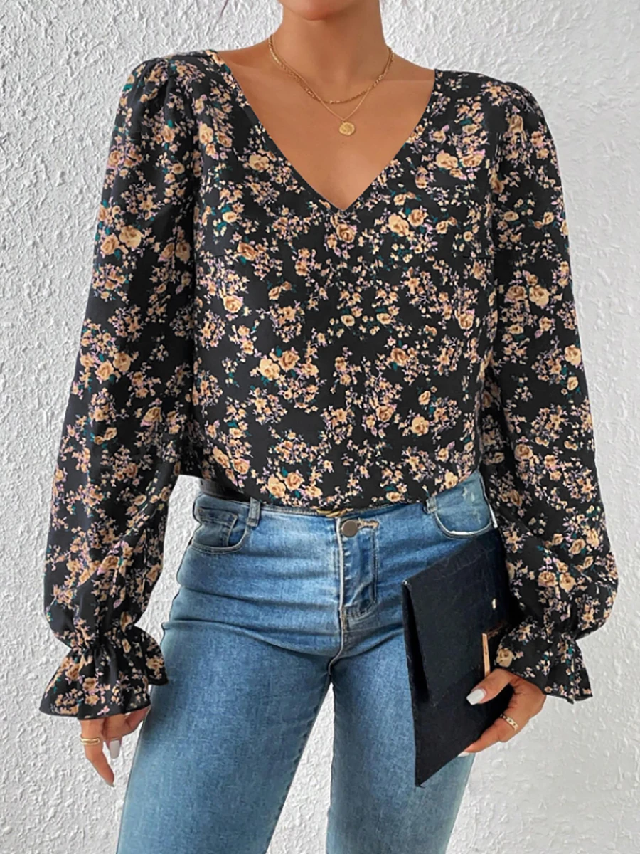 Women's Blouse Spring Summer Black Floral Print V Neck Puff Long Sleeve Ruffle Cuff Valentine's Day Elegant Casual Top