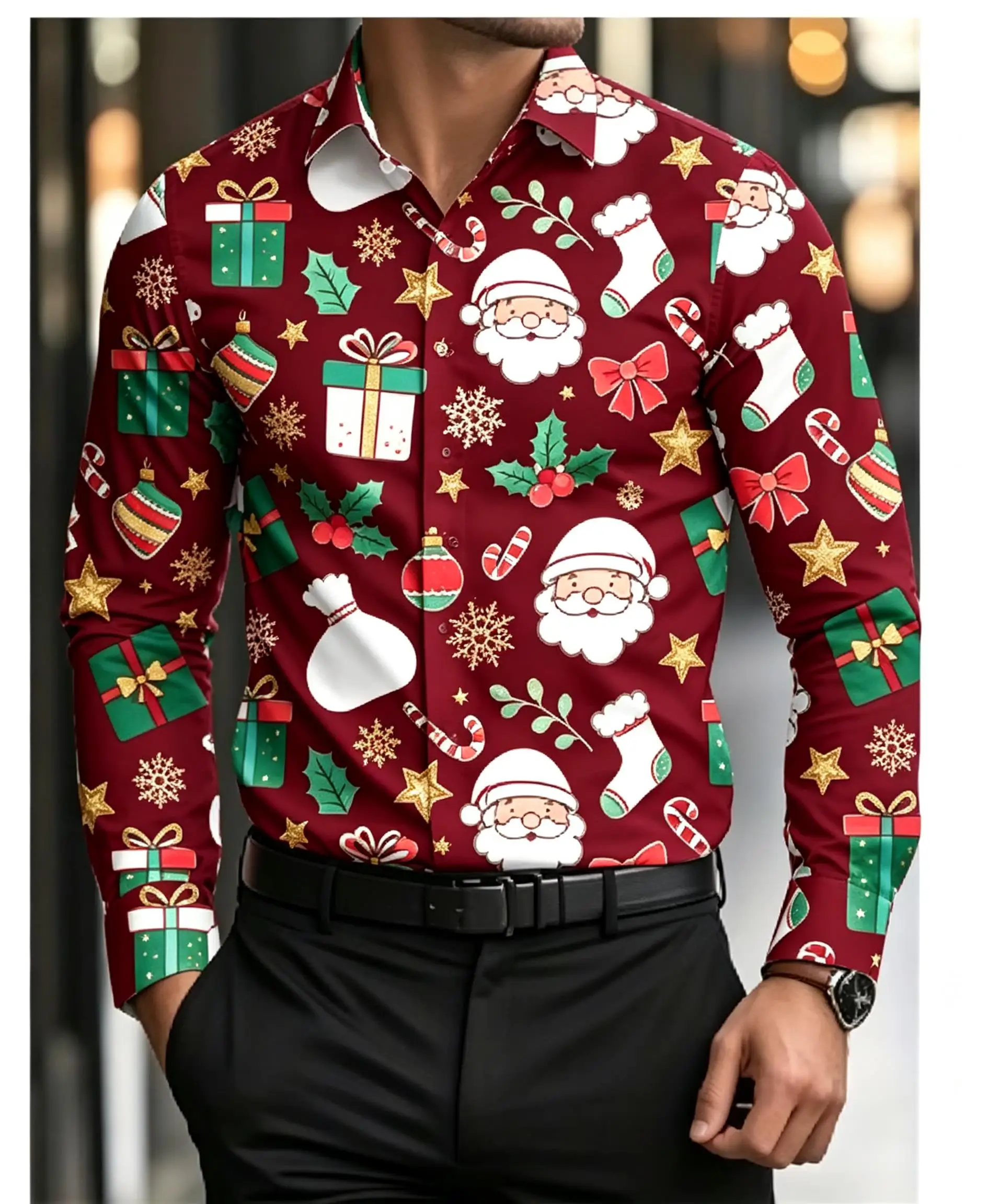 Men Christmas Long Sleeve Shirt White Cartoon Santa Gift Box Snowflake Print Button Down Holiday Party