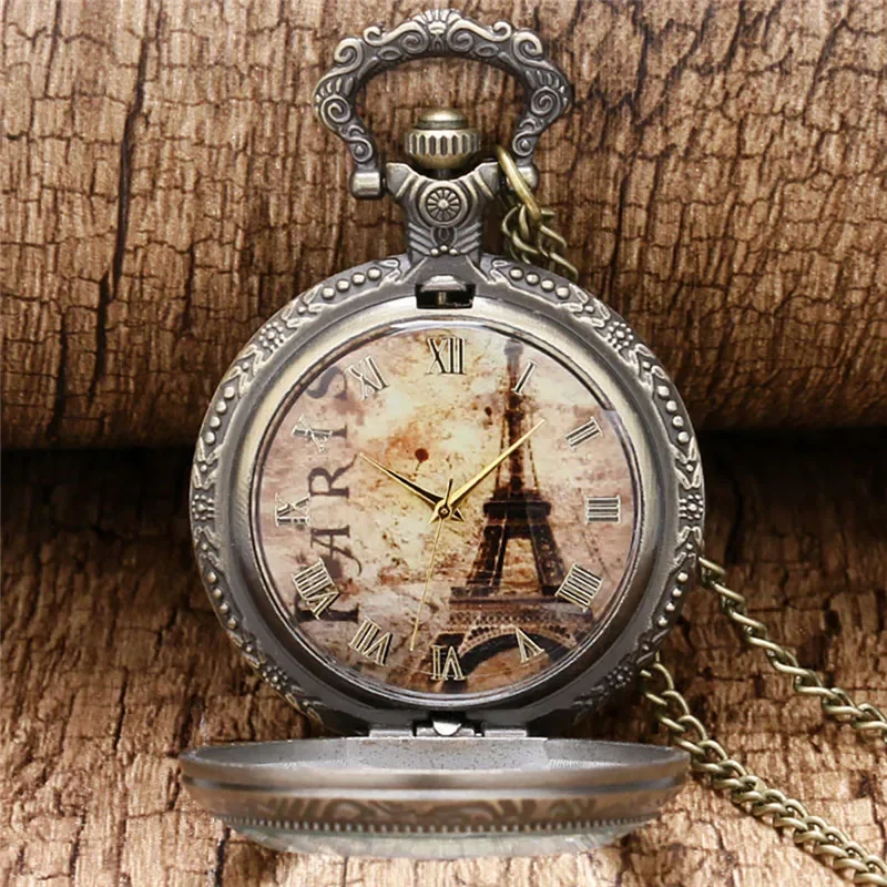 Old Fashion Eiffel Tower Dial Transaparent Cover Watch Necklace Chain Quartz Pocket Clock for Men Women Roman Number Display