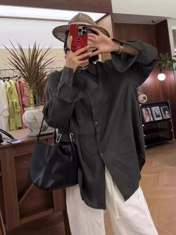 

Лляна длинная све irt женская весна осень свободная большие размеры для похудения повседневная хлопковая льняная верхняя часть на пуговицах дизайн