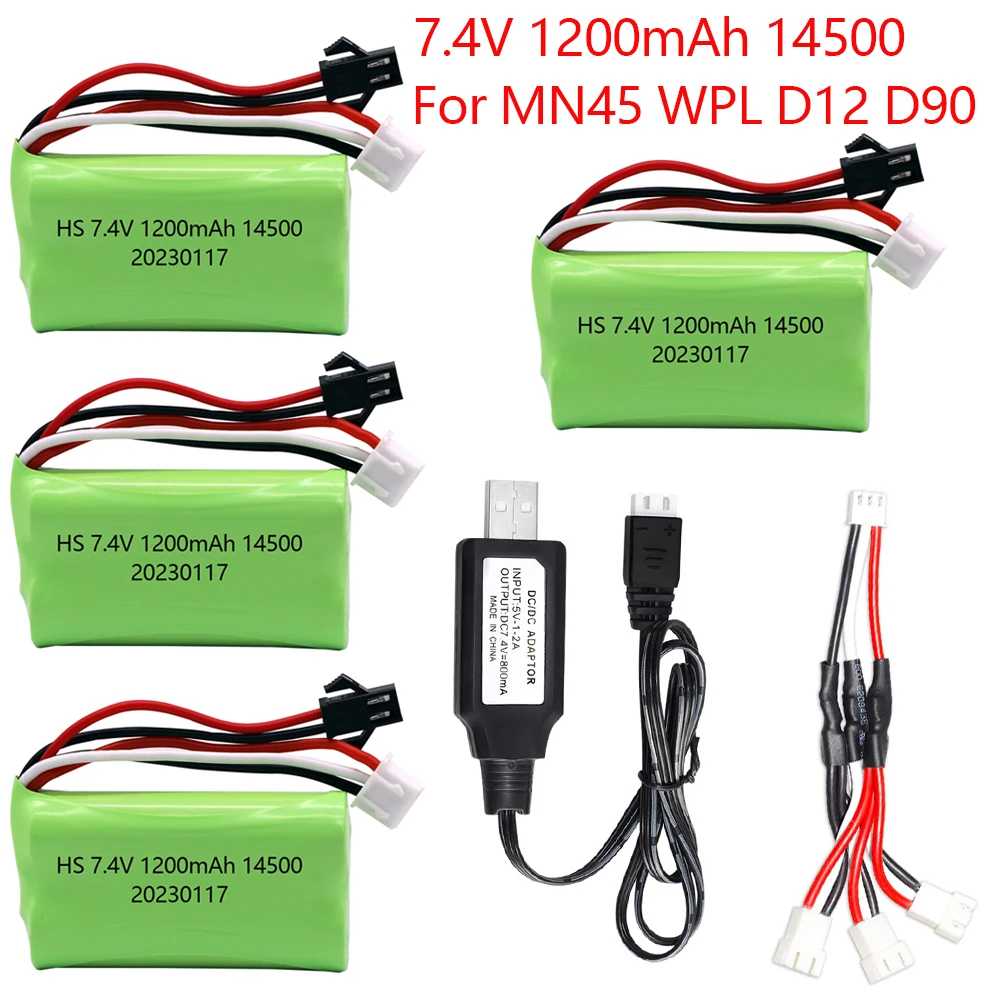 7.4V 1200mAh Li-ion Battery For MN45 WPL D12 D90 RC Car Boat Gun 7.4V Lipo Battery With Charger RC Car Accessories 14500 SM PLUG