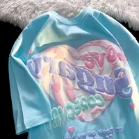 Women's Loose-fit Cotton T-shirt Blue Lighter Skin Tone Short Sleeves Crew Neck Summer Niche Sensibility Heart Design Top