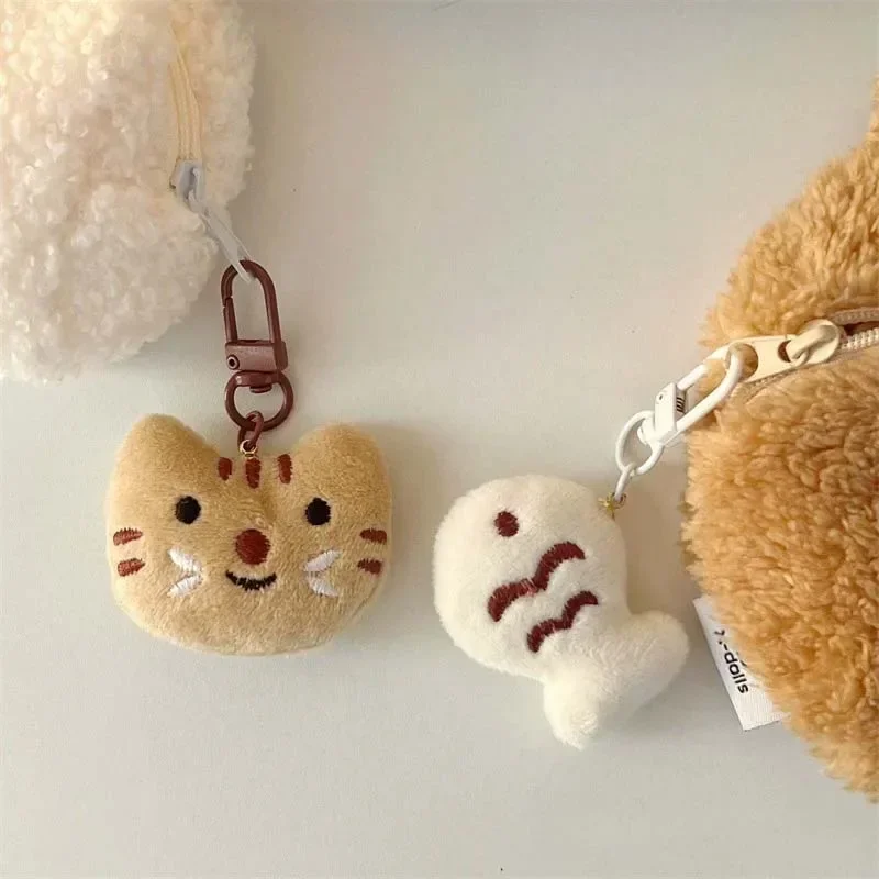 1-2pcs Cartoon Plush Toy Keyrings Couple Cute Little Cat Fish Key Chains Couple Funny Kitten Doll Bag Hanger Pendant Jewelry