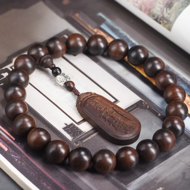 Thunder-striken Chinese Cypress Wood Handheld Pendant Buddhist for Men and Women, Meditation Bead Bracelet with Ta
