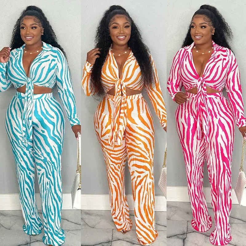 Zebra Stripes Printing Two Piece Set for Women Matching Sets Long Sleeve Lace-up Shirt Top and Wide Leg Pants Suit Club Outfits