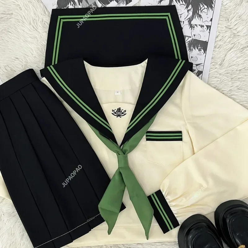 Uniforme scolastica giapponese Ragazza carina Jk Set Cravatta verde Abito da marinaio Set uniforme da donna Autunno e inverno Gioventù a maniche corte lunghe