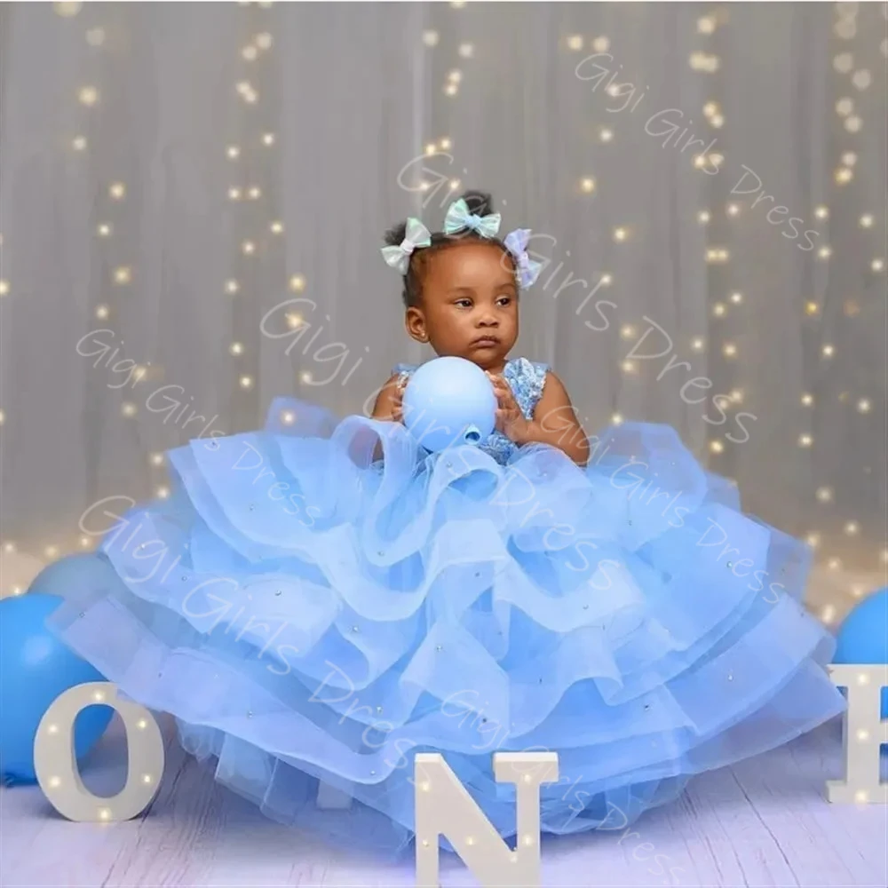 فستان فتاة الزهور من التول المكشكش لحفلات الزفاف للأطفال الصغار مزين بالخرز مع فيونكة فستان حفلة عيد ميلاد الأميرة مخصص #1