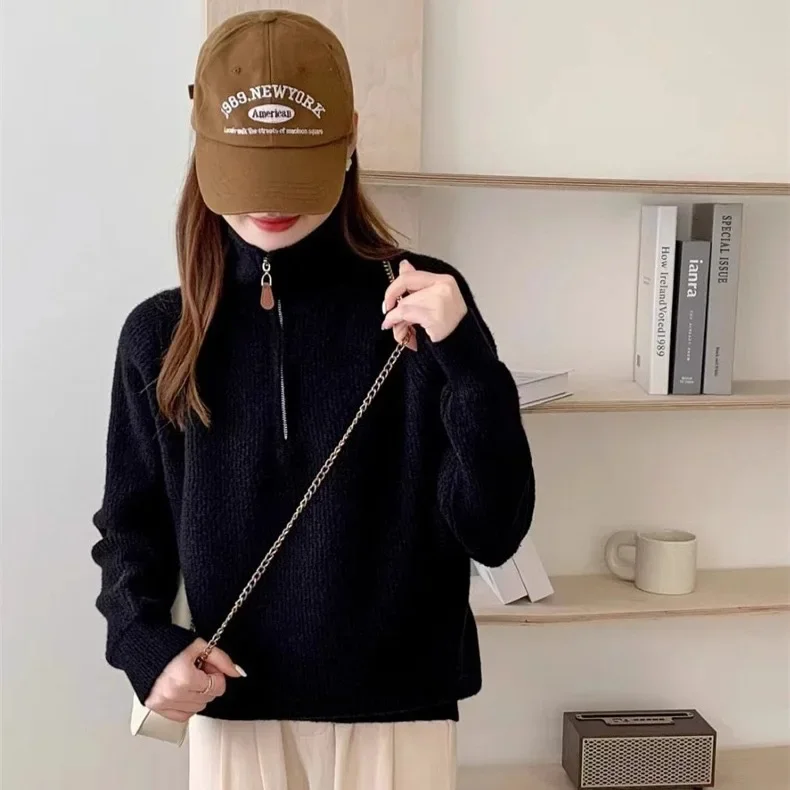 ゆったりとしたニットのアウターウェア、秋冬の新しいスタイル、女性用ハイカラーセーター、ハーフジップ、厚みのあるフリップカラー