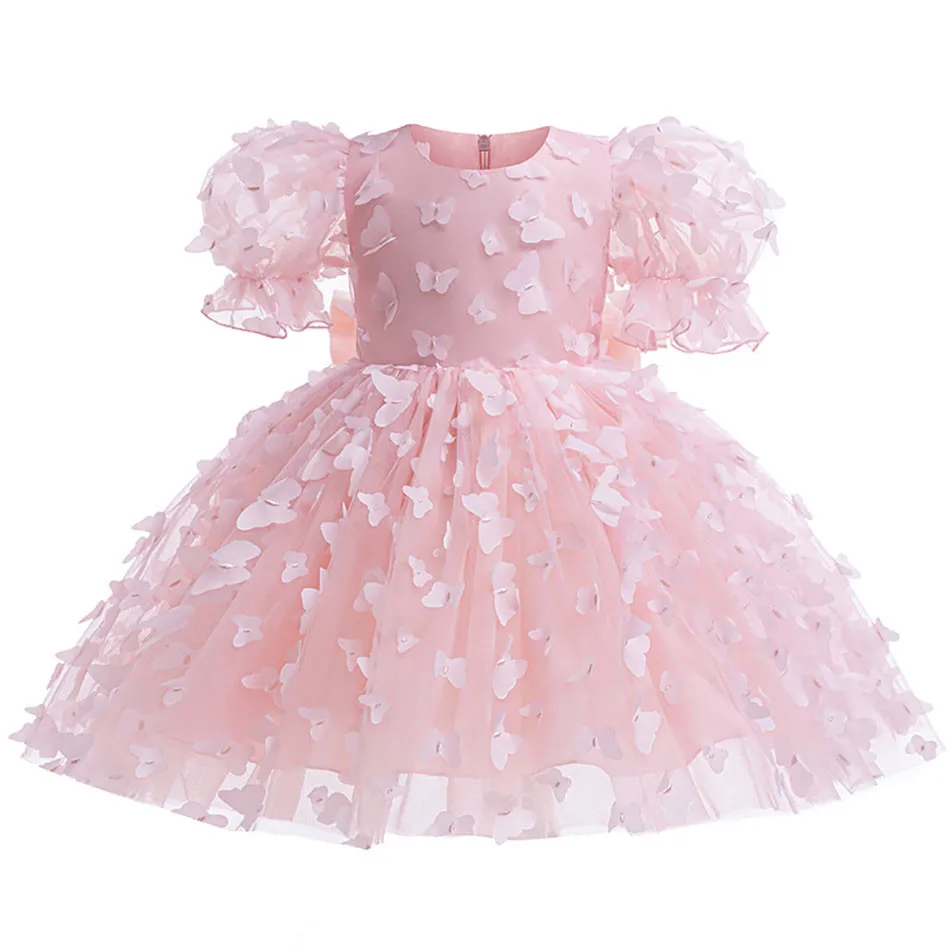 Enchanting Princess Girls Casual Dresses with 3D Butterfly Accents Puffy Sleeves and Full Tulle Skirt for Magical Stage Presence