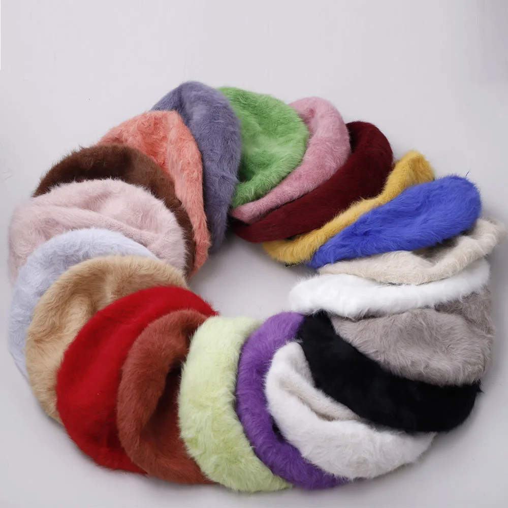 2022 New Fluffy soft Women rabbit \'s hair Berets French Artist Style Warm Winter Beanie Hat  Beret Solid Color Elegant Lady