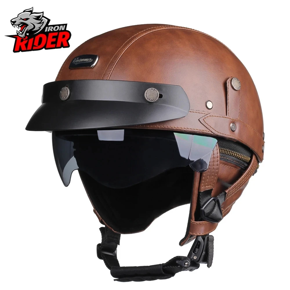 Summer Motorcycle Helmet Half PU Leather Retro Motorbike Helm Moto Bike Motocross Helmets With For Men Women Casco DOT