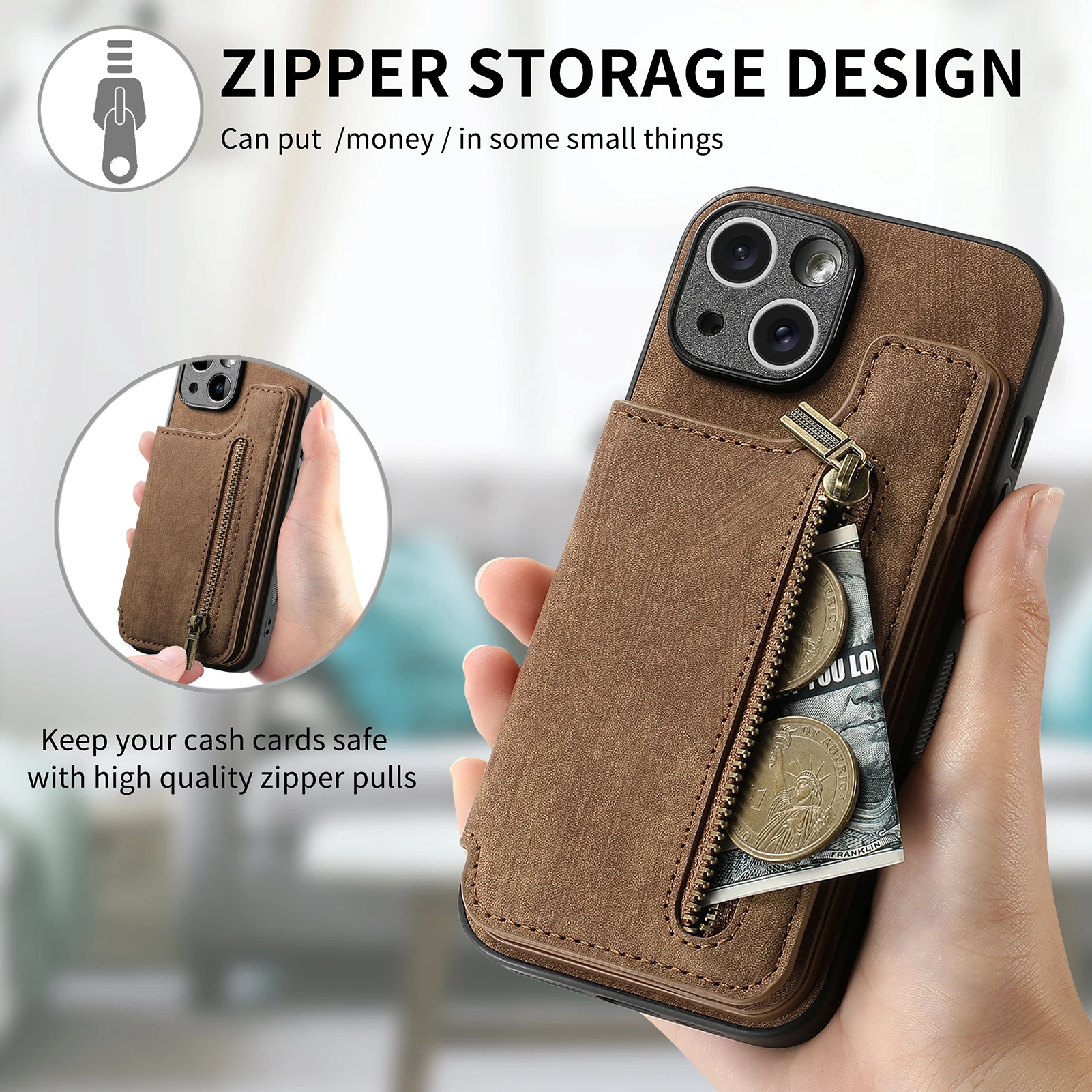 Zipper Cards Solt Wallet Leather Case For iPhone 15 Pro Max 14 Plus 13 12 11 XS XR Se 2022 Pocket Magnetic Double Buckle Cover