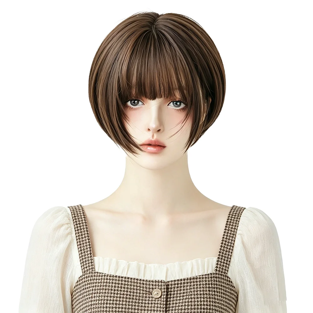 

28cm Chocolate Brown Bob Wig with Bangs Inward Layered Easy to Wear Heat Resistant Synthetic Short Hair For Women Daily Use