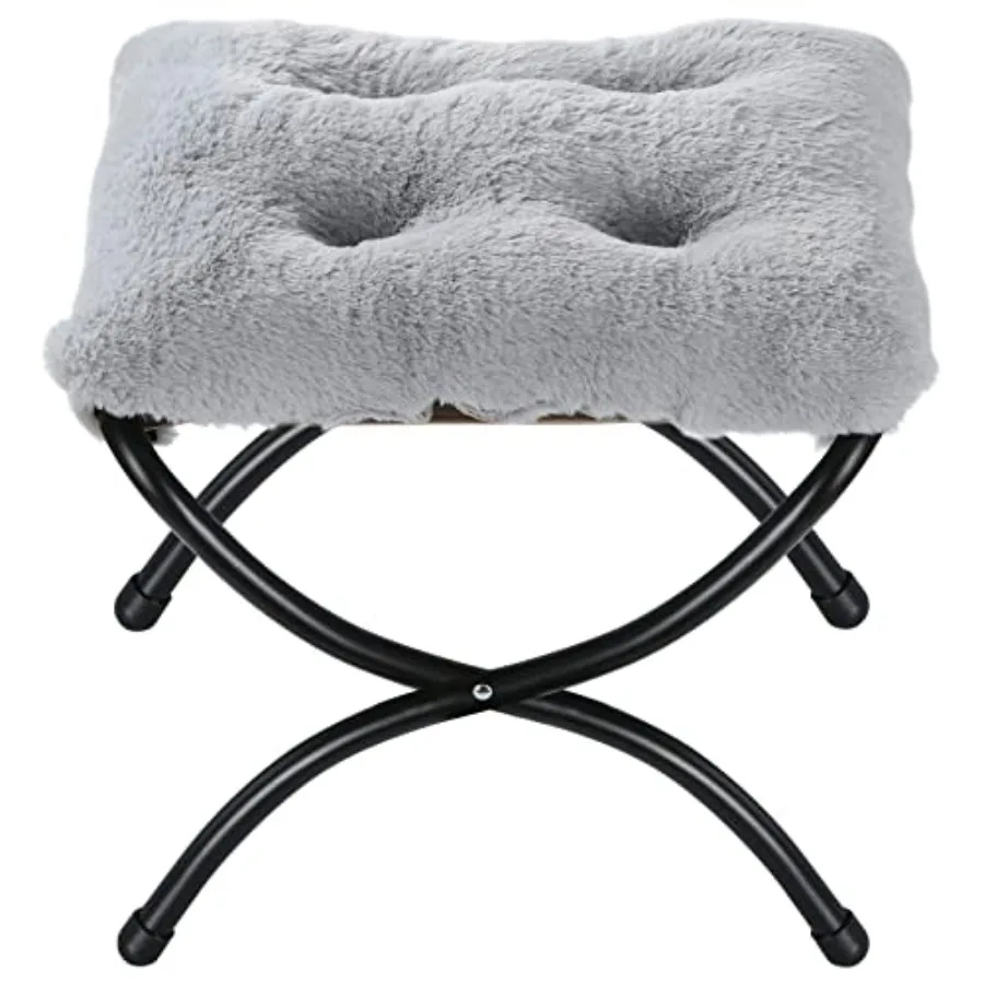 

15" Foldable Feet Stool Ottoman with Metal Frame - Washable Faux Fur Grey Upholste Indoor/Outdoor Footrest for Living Room, Bed