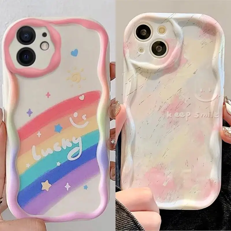 A55 5G Gradient Love Heart Rainbow Smile Phone Case for Samsung Galaxy A35 A54 A55 S24 Ultra Plus Soft Wave Pattern Cover Funda